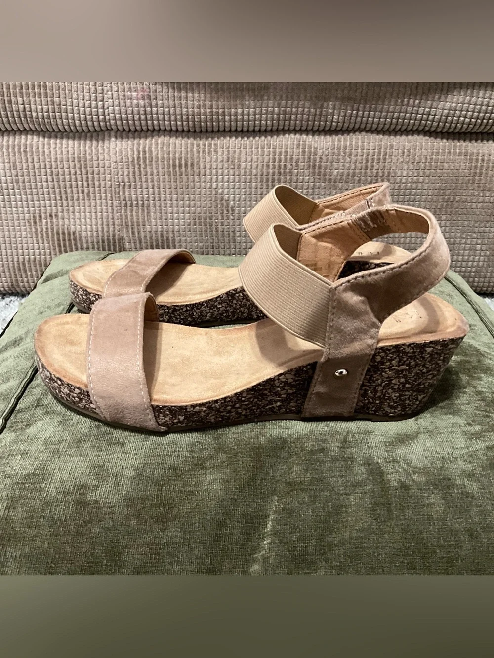 Neutral Taupe Suede Cork Wedge Sandals with Elastic Back